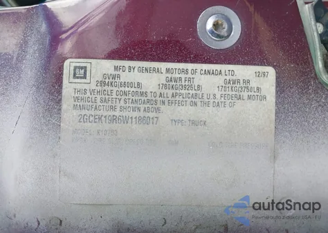 1998 Chevrolet K1500 Fleetside z USA, uszkodzony, nr VIN 2GCEK19R6W1186017